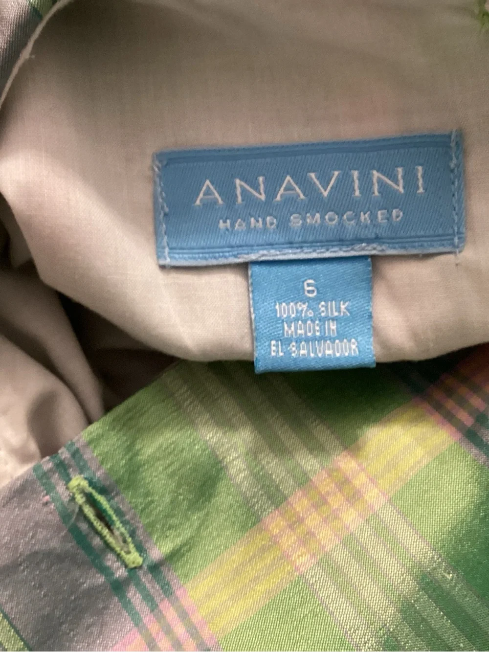 Anavini Silk Classic Girls' Plaid Smocked Dress in Green and Pink